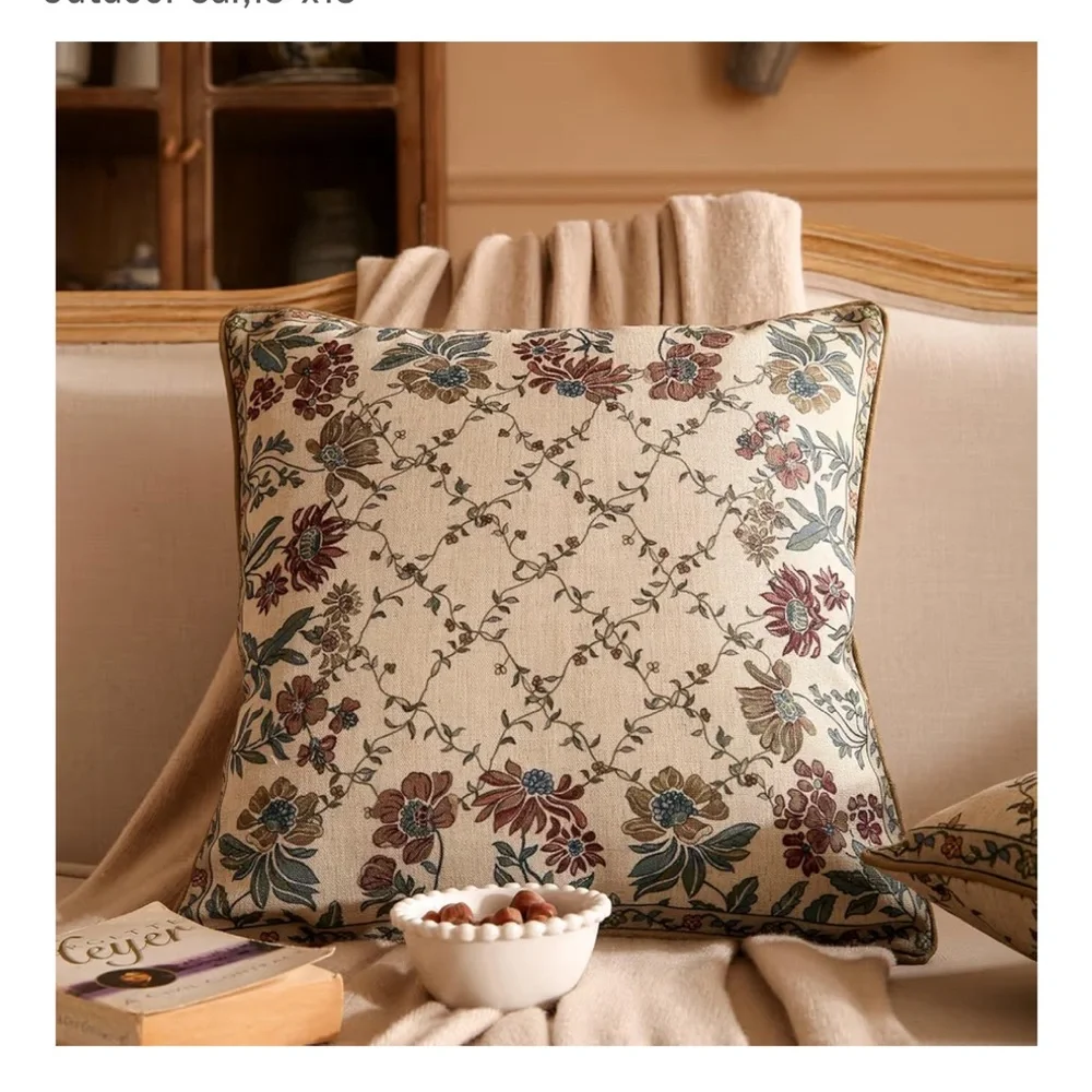 Decorative Vintage Floral Linen Pillow Cover Square 18x18” (1-count)